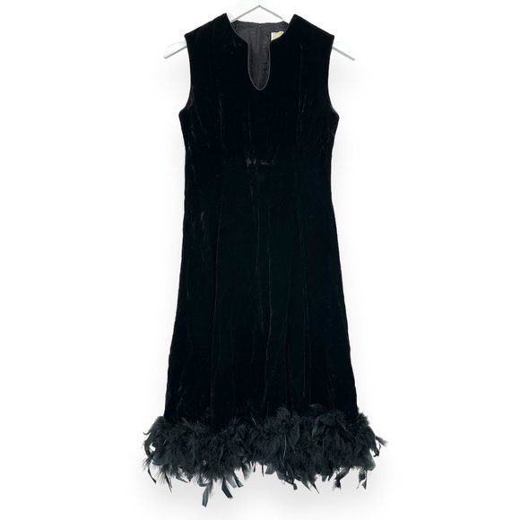 Vintage Black Velvet Velour Feather Trimmed Sleeveless Midi Dress - Picture 1 of 6